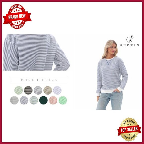 Women's Striped Crewneck Sweatshirt Long Sleeve Pullover Cotton Blend Loose Fit - Picture 7 of 8